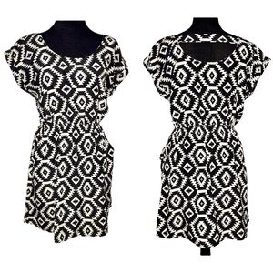 Pink Rose Aztec Boho Mini Dress Black White Elastic Waist Size L Southwest Artsy